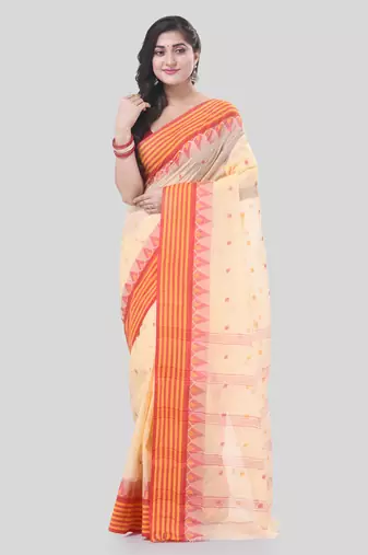 Cream Woven Cotton Floral Handloom-Sarees Without Blouse Piece
