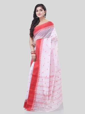 White Woven Cotton Floral Handloom-Sarees Without Blouse Piece 3