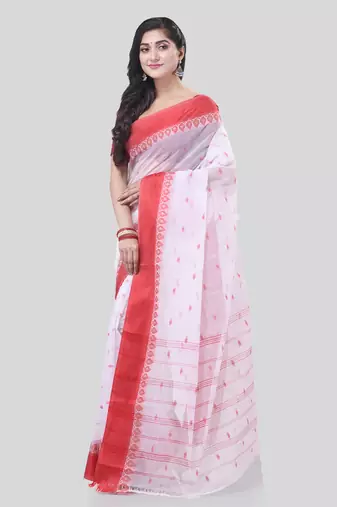 White Woven Cotton Floral Handloom-Sarees Without Blouse Piece