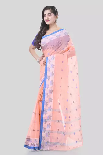 Pink Woven Cotton Floral Handloom-Sarees Without Blouse Piece