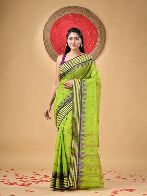 Green Woven Cotton Floral Handloom-Sarees Without Blouse Piece 1