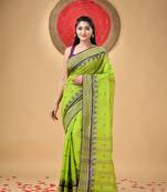 Green Woven Cotton Floral Handloom-Sarees Without Blouse Piece