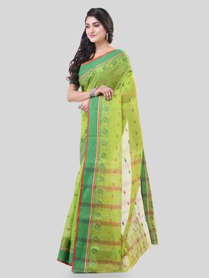 Green Woven Cotton Paisley Handloom-Sarees Without Blouse Piece 3
