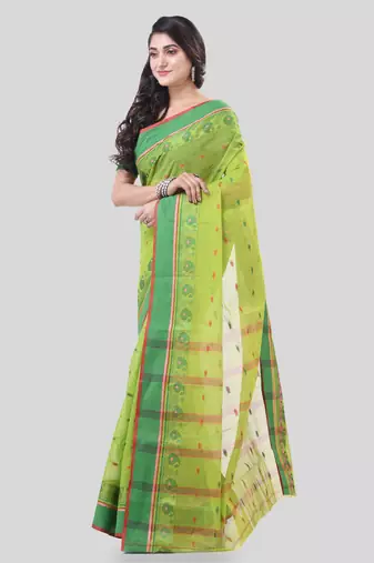 Green Woven Cotton Paisley Handloom-Sarees Without Blouse Piece