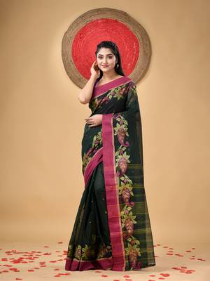 Black Woven Cotton Paisley Handloom-Sarees Without Blouse Piece 1