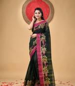 Black Woven Cotton Paisley Handloom-Sarees Without Blouse Piece