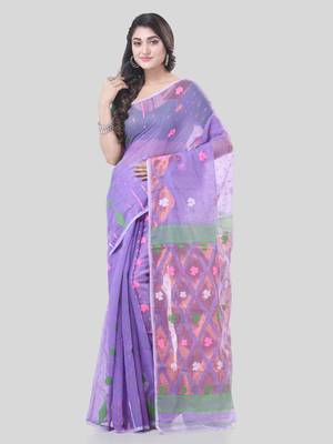 Lavender Woven Cotton Self Design Handloom Jamdani Sarees Without Blouse Piece 5