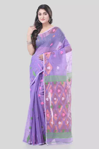 Lavender Woven Cotton Self Design Handloom Jamdani Sarees Without Blouse Piece