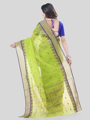 Green Woven Cotton Floral Handloom-Sarees Without Blouse Piece 2