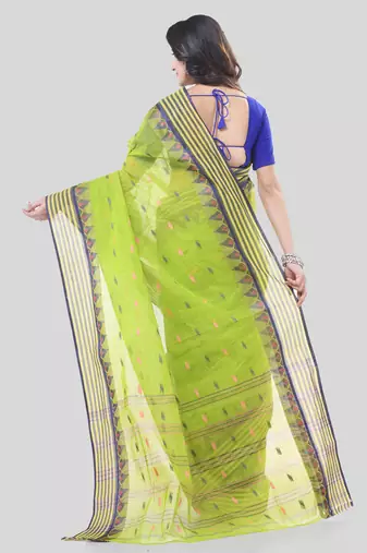 Green Woven Cotton Floral Handloom-Sarees Without Blouse Piece