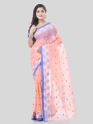 Pink Woven Cotton Floral Handloom-Sarees Without Blouse Piece 5