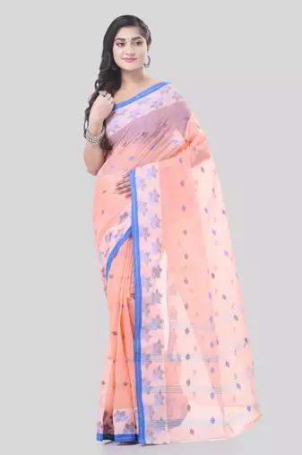 Pink Woven Cotton Floral Handloom-Sarees Without Blouse Piece