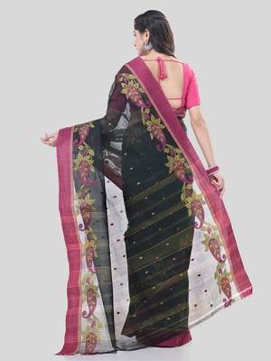 Black Woven Cotton Paisley Handloom-Sarees Without Blouse Piece 2