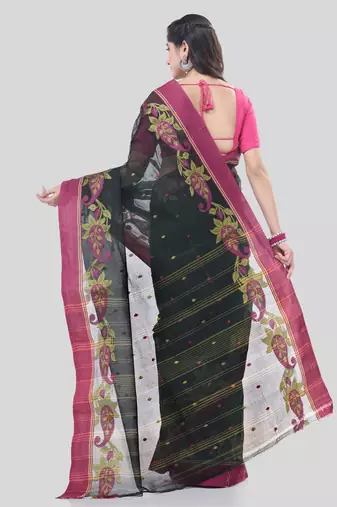Black Woven Cotton Paisley Handloom-Sarees Without Blouse Piece