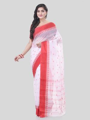 White Woven Cotton Floral Handloom-Sarees Without Blouse Piece 5