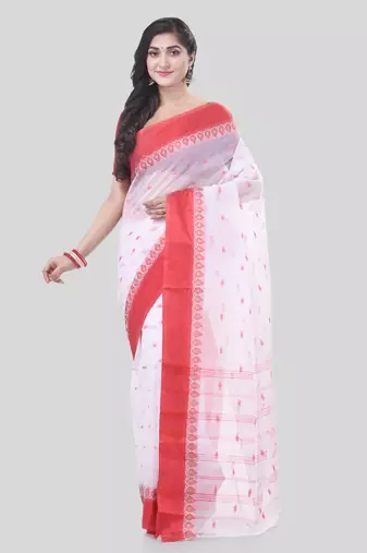 White Woven Cotton Floral Handloom-Sarees Without Blouse Piece
