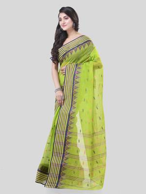 Green Woven Cotton Floral Handloom-Sarees Without Blouse Piece 3