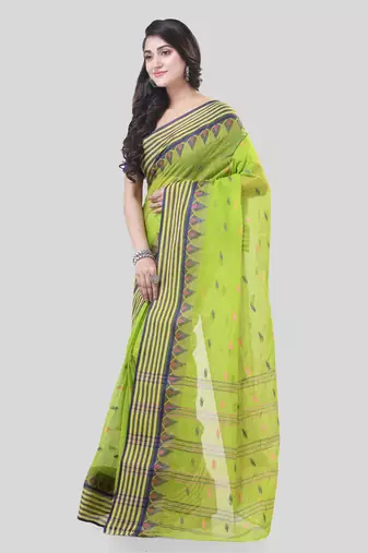 Green Woven Cotton Floral Handloom-Sarees Without Blouse Piece