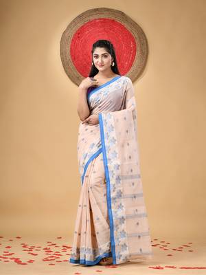 Pink Woven Cotton Floral Handloom-Sarees Without Blouse Piece 1