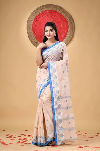 Pink Woven Cotton Floral Handloom-Sarees Without Blouse Piece