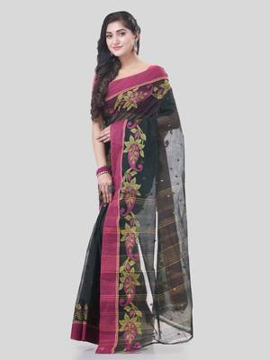 Black Woven Cotton Paisley Handloom-Sarees Without Blouse Piece 3