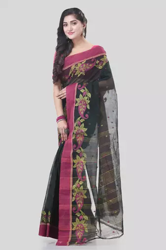 Black Woven Cotton Paisley Handloom-Sarees Without Blouse Piece