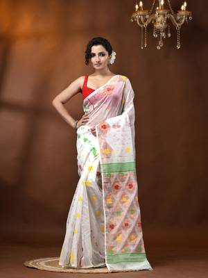 White Woven Cotton Self Design Handloom Jamdani Sarees Without Blouse Piece 1
