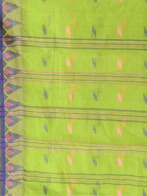 Green Woven Cotton Floral Handloom-Sarees Without Blouse Piece 4