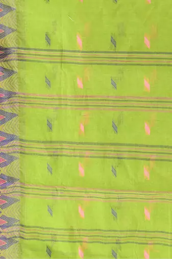 Green Woven Cotton Floral Handloom-Sarees Without Blouse Piece