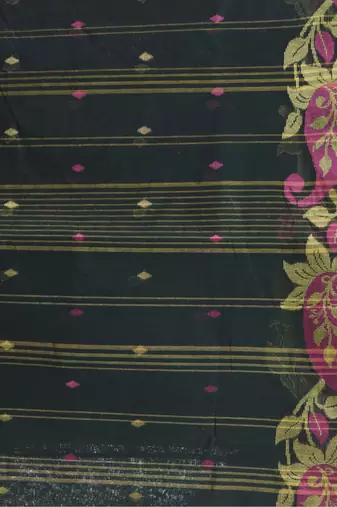 Black Woven Cotton Paisley Handloom-Sarees Without Blouse Piece