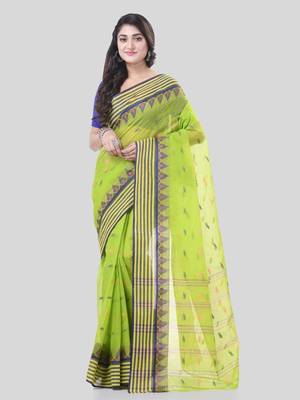 Green Woven Cotton Floral Handloom-Sarees Without Blouse Piece 5