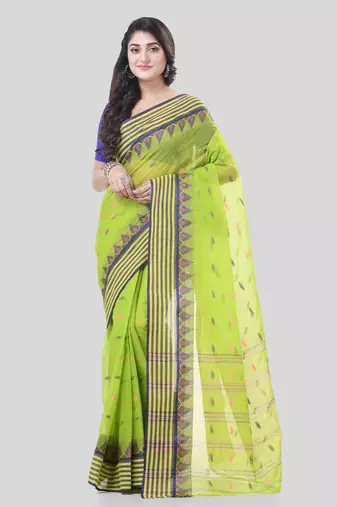 Green Woven Cotton Floral Handloom-Sarees Without Blouse Piece