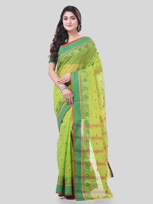 Green Woven Cotton Paisley Handloom-Sarees Without Blouse Piece 5