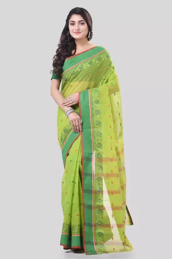 Green Woven Cotton Paisley Handloom-Sarees Without Blouse Piece
