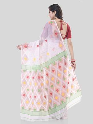 White Woven Cotton Self Design Handloom Jamdani Sarees Without Blouse Piece 2