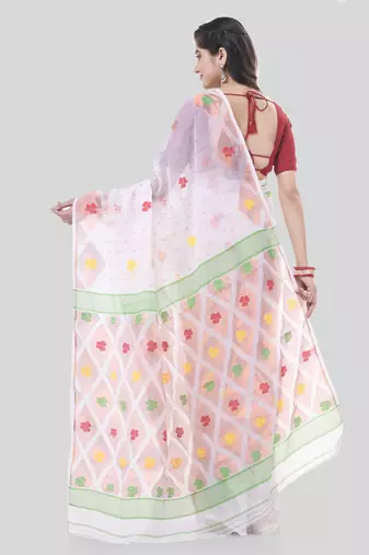 White Woven Cotton Self Design Handloom Jamdani Sarees Without Blouse Piece