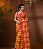 Red Woven Cotton Floral Handloom-Sarees Without Blouse Piece
