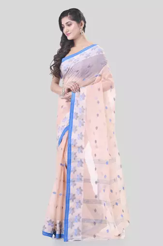Pink Woven Cotton Floral Handloom-Sarees Without Blouse Piece