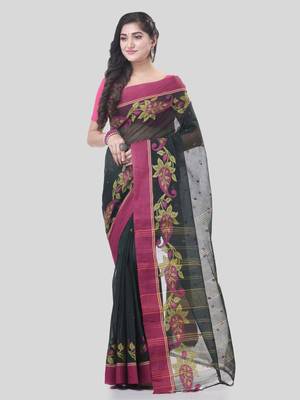 Black Woven Cotton Paisley Handloom-Sarees Without Blouse Piece 5
