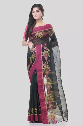 Black Woven Cotton Paisley Handloom-Sarees Without Blouse Piece