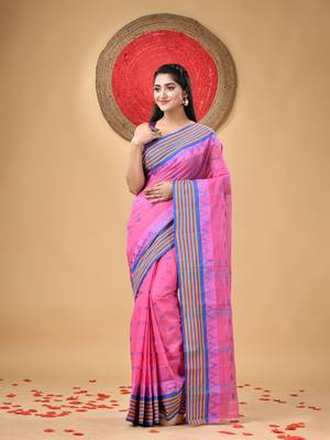 Pink Woven Cotton Floral Handloom-Sarees Without Blouse Piece 1
