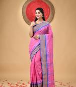 Pink Woven Cotton Floral Handloom-Sarees Without Blouse Piece
