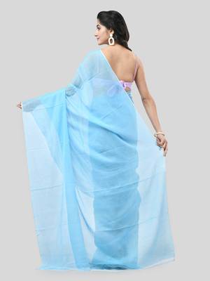 Blue Woven Cotton Solid Handloom-Sarees Without Blouse Piece 2