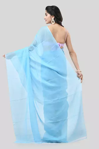 Blue Woven Cotton Solid Handloom-Sarees Without Blouse Piece