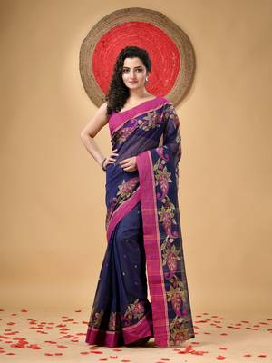 Blue Woven Cotton Paisley Handloom-Sarees Without Blouse Piece 1