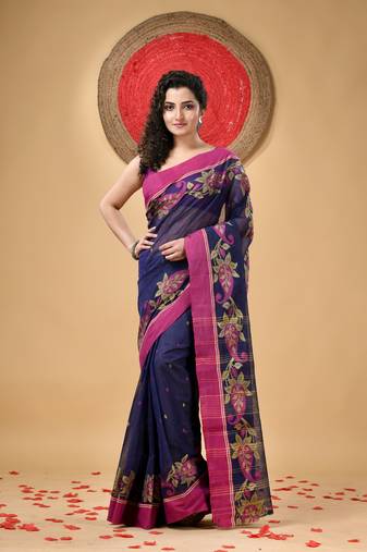 Blue Woven Cotton Paisley Handloom-Sarees Without Blouse Piece