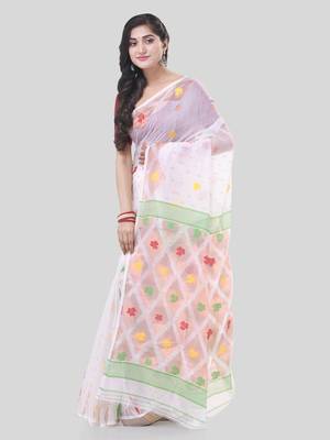 White Woven Cotton Self Design Handloom Jamdani Sarees Without Blouse Piece 3