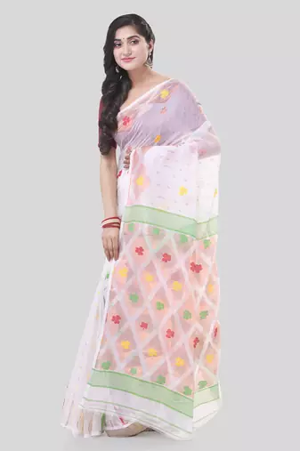 White Woven Cotton Self Design Handloom Jamdani Sarees Without Blouse Piece