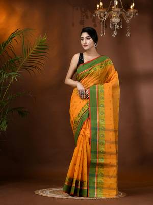Orange Woven Cotton Paisley Handloom-Sarees Without Blouse Piece 1