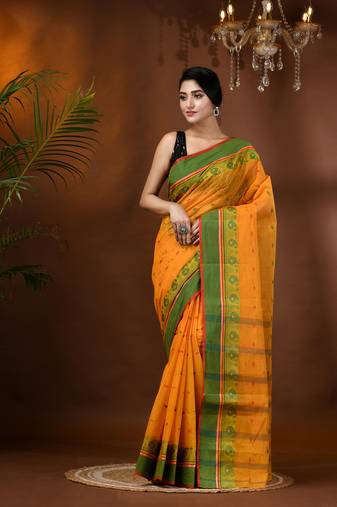 Orange Woven Cotton Paisley Handloom-Sarees Without Blouse Piece